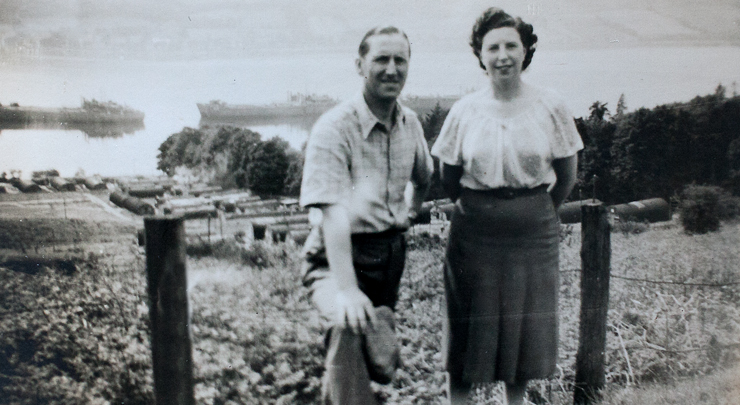 The Commandant of Blairvadach Camp, Major Cox, and his wife on the hiillside above the camp. blairvadach